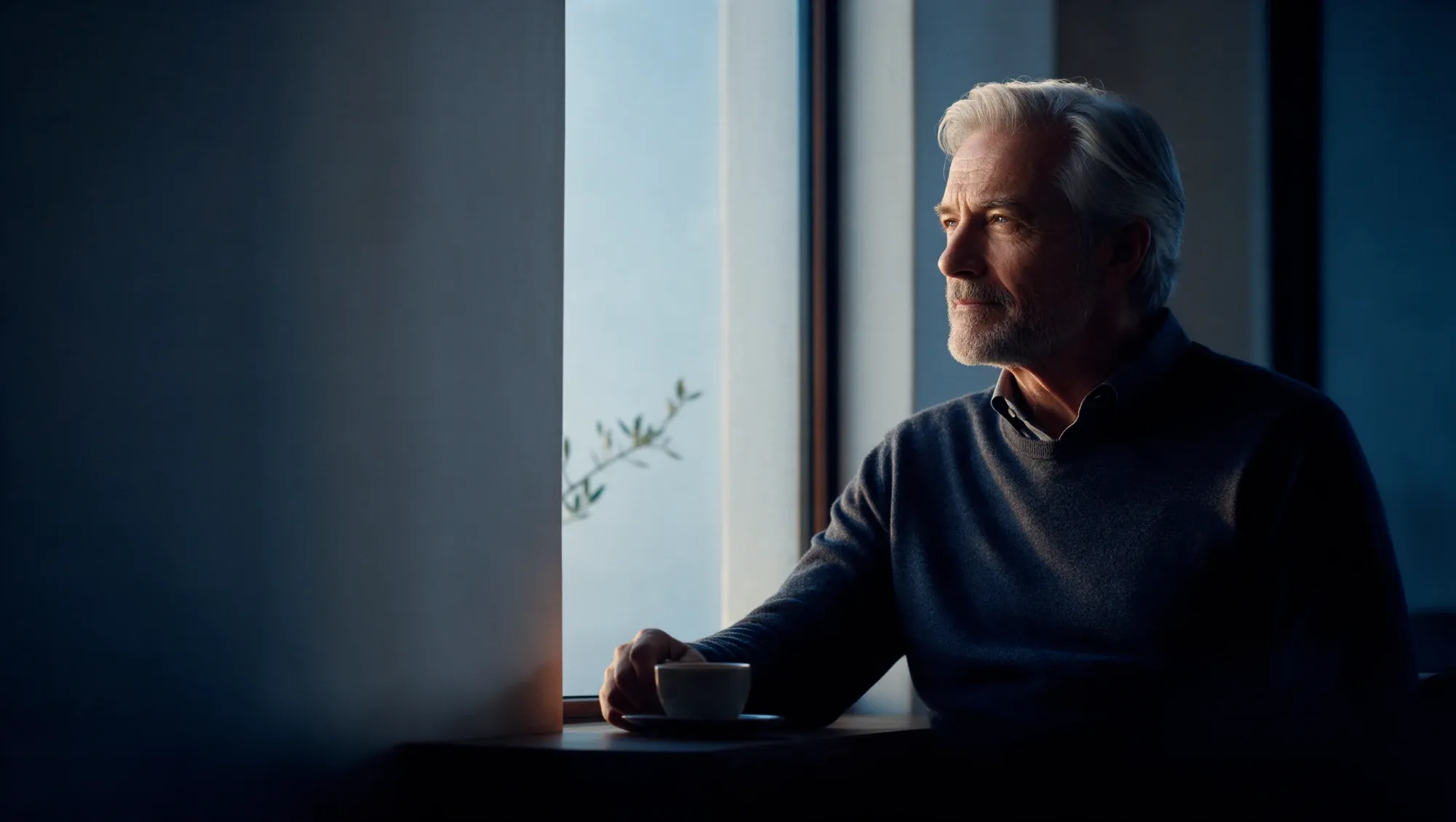 A man in his late fifties sitting alone at a table by a tall window with a cup of coffee, looking out and thinking